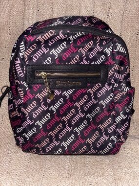 Juicy Couture Mini Backpack Black Pink Script All-Over Print Heart Charm Y2K